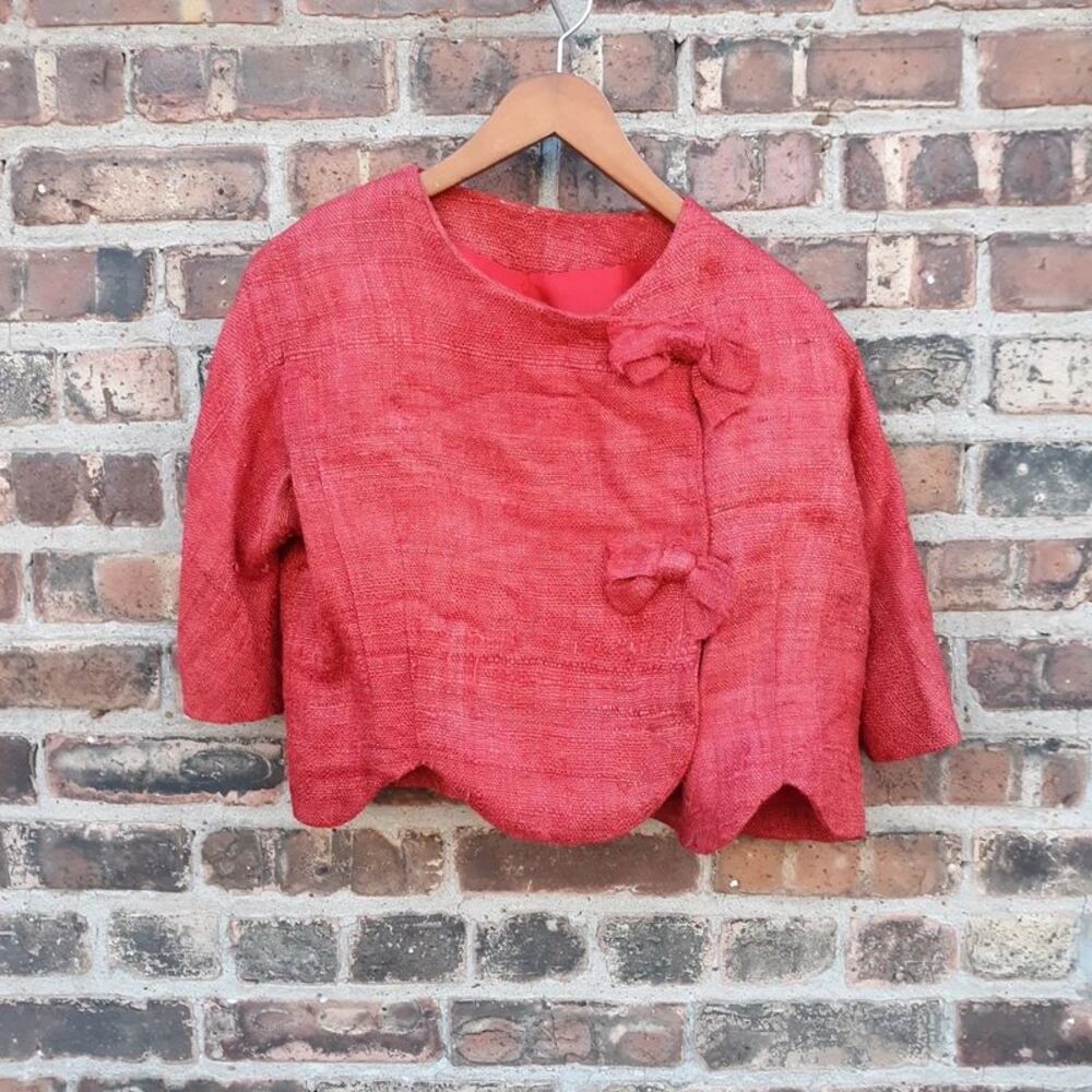 Vintage Red Boucle Tweed Bow Cropped Jacket Boxy Scalloped Hem Top Medium